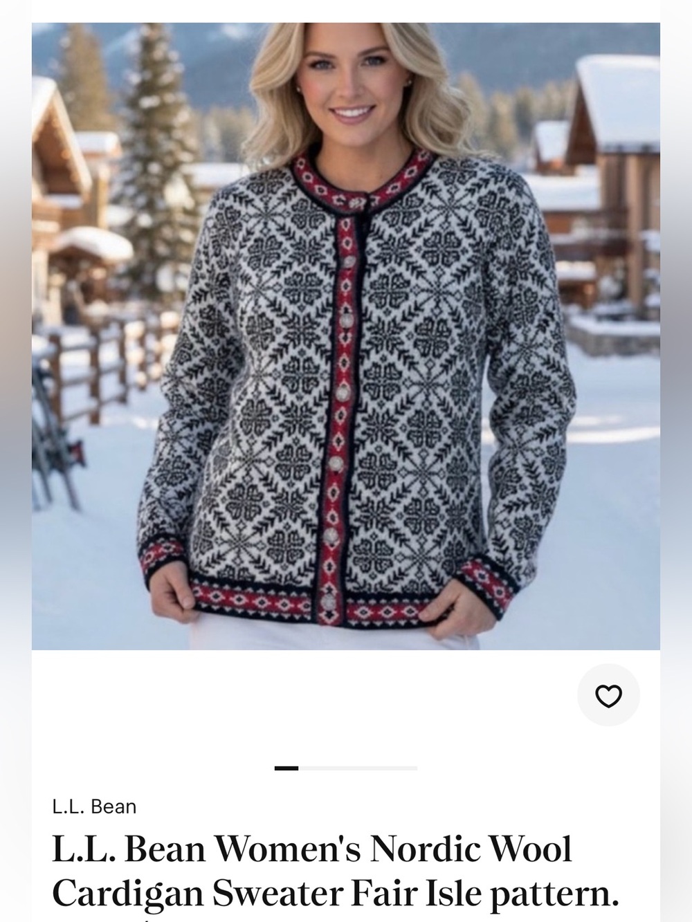 L.L. Bean Womens Nordic Fair Isle Snowflake Cardigan Pewter Button 100% wool